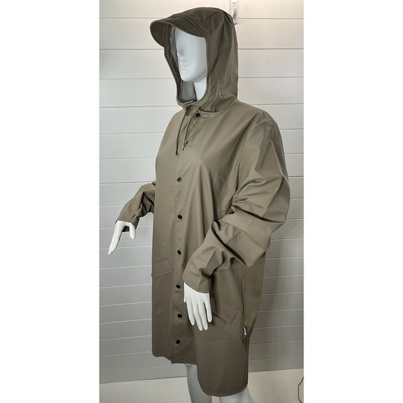 RAINS Brand Unisex Sz Large Classic Taupe Long Waterproof Rain Jacket Snap Front - Picture 7 of 15
